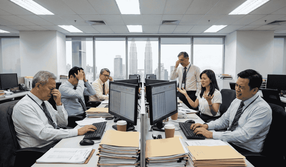 Business professional reviewing MHub Showroom’s real-time sales and loan tracking dashboard on a wall-mounted display.