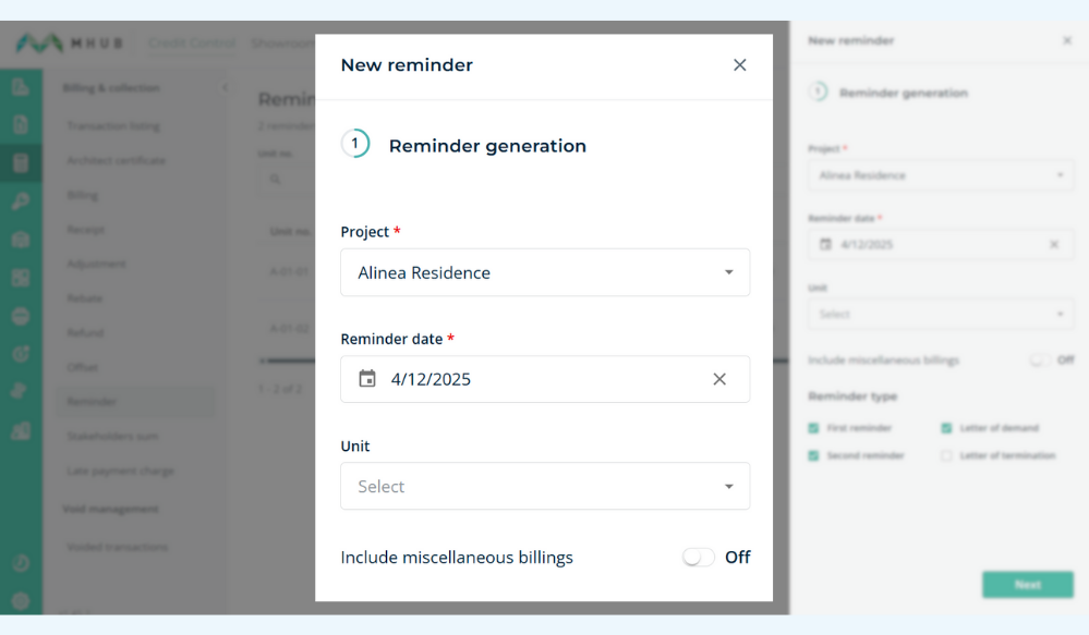 MHub Credit Control invoice management screen showing LHDN-compliant property invoices and billing stages.