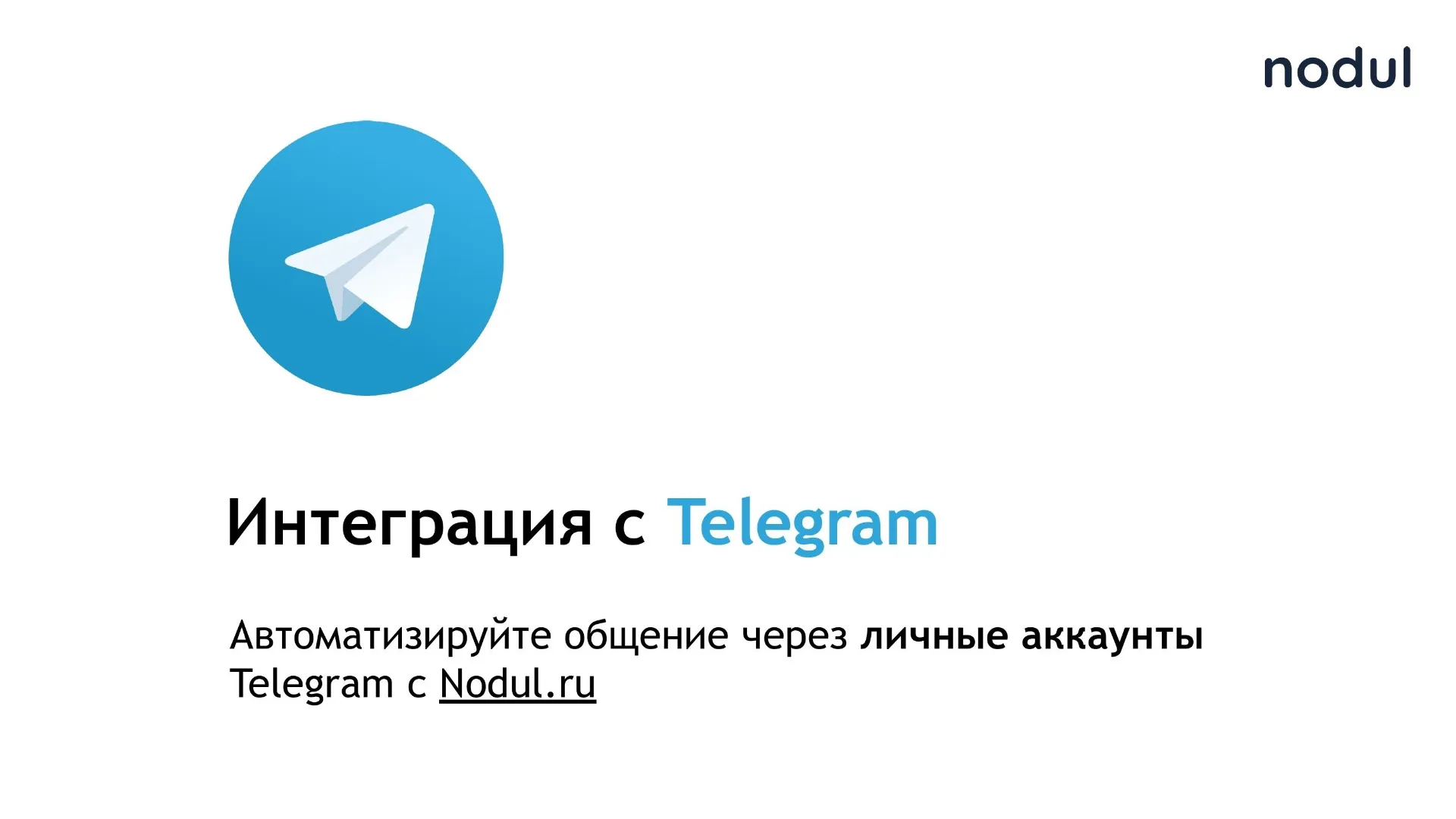 Скриншот презентации с логотипом Telegram и заголовком 'Интеграция с Telegram' для автоматизации коммуникаций через Nodul, с описанием услуги на русском языке.