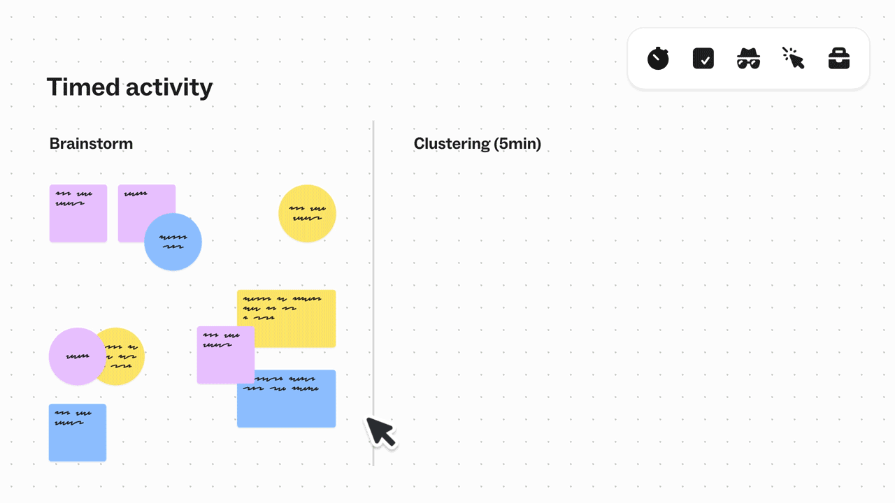 Digital whiteboard showing brainstorm sticky notes in clusters for a timed activity session.