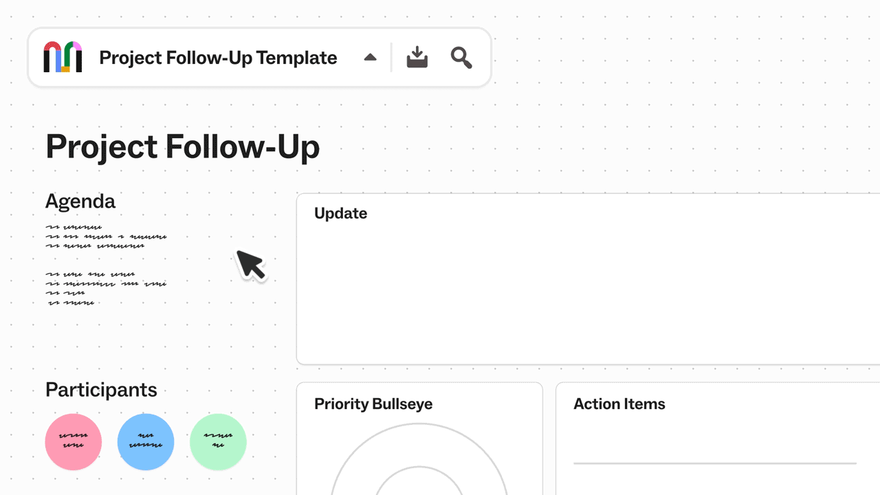 Project Follow-Up template with agenda, participant icons, update, priority bullseye, and action items sections.