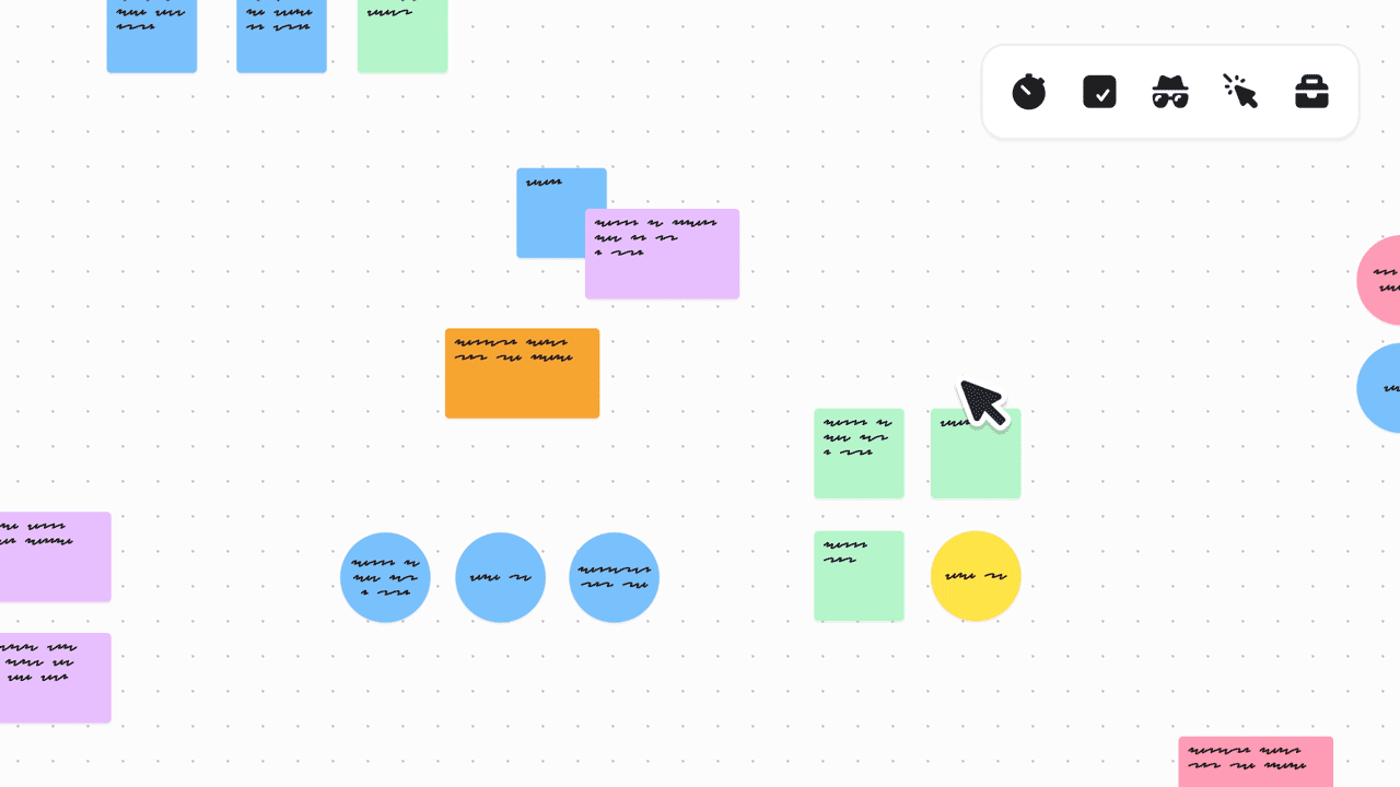 Animated digital whiteboard with colorful sticky notes and icons for timing, tasks, and collaboration.