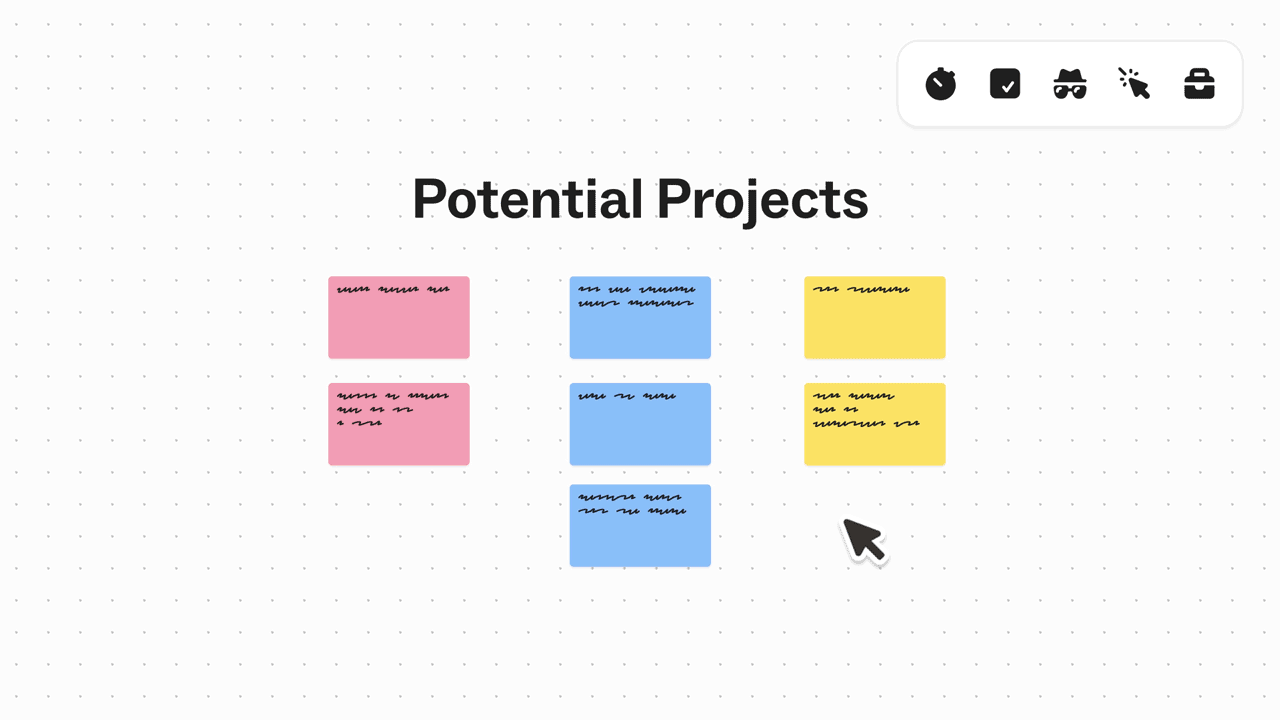 Graphic titled Potential Projects showing colored sticky notes grouped and a cursor selecting a yellow note.