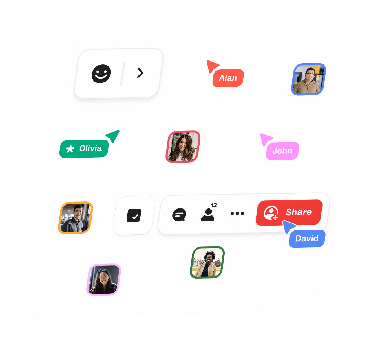 Real-time collaborative workspace features showing user avatars, name tags,  a share button, and feedback tools.