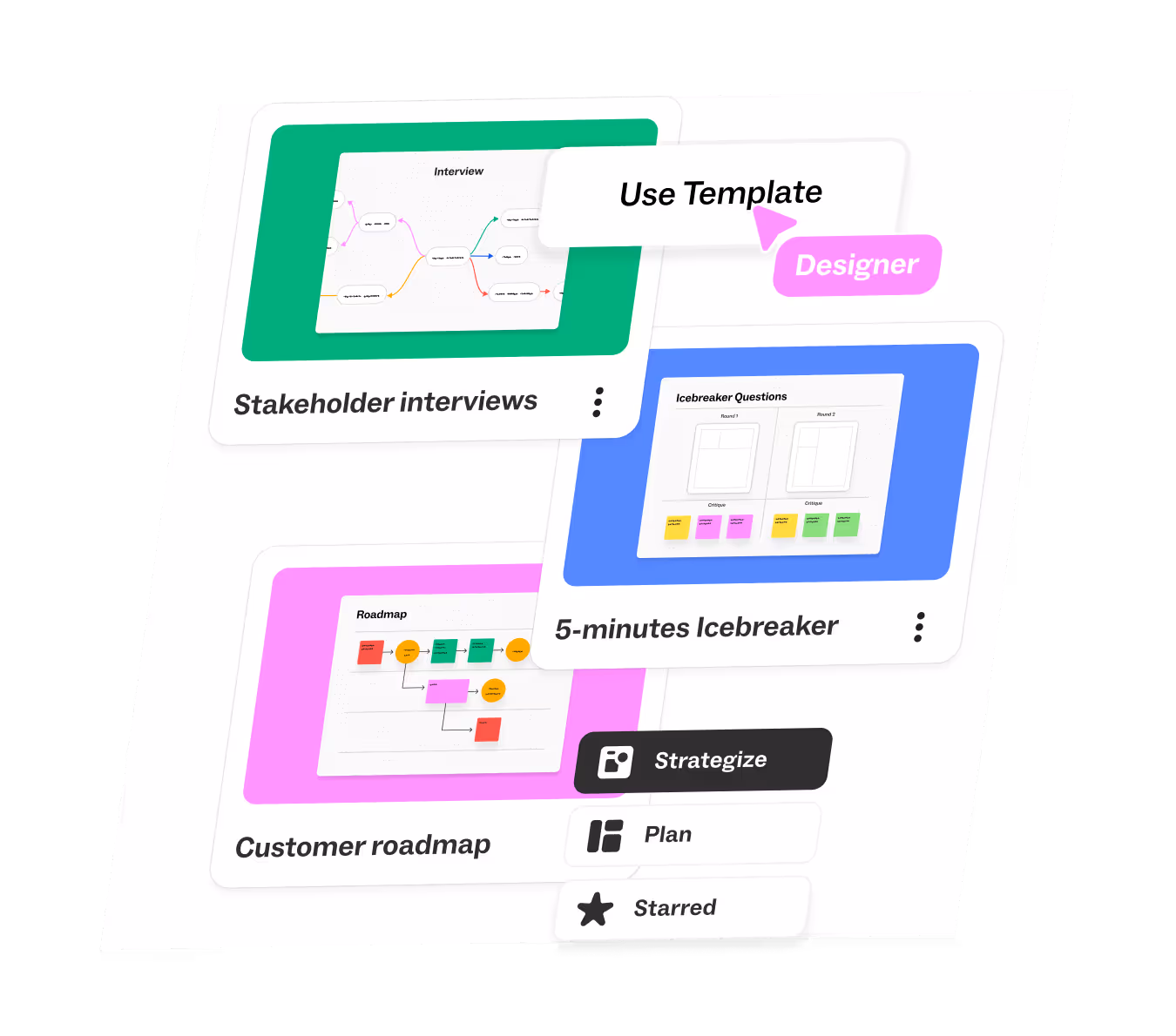 Template gallery showcasing templates like Stakeholder Interviews, Customer Roadmap, and 5-minutes.Icebreaker.