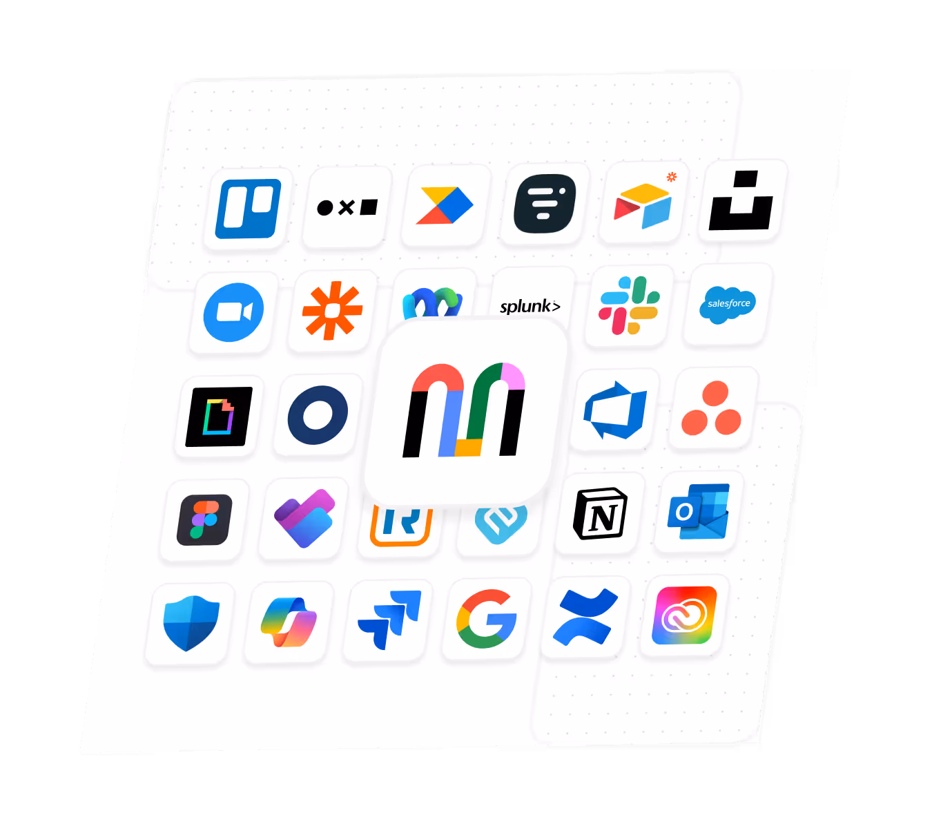 Mural integration ecosystem shown as app logos, including Slack, Google, Zoom, Microsoft, Salesforce, and Atlassian.