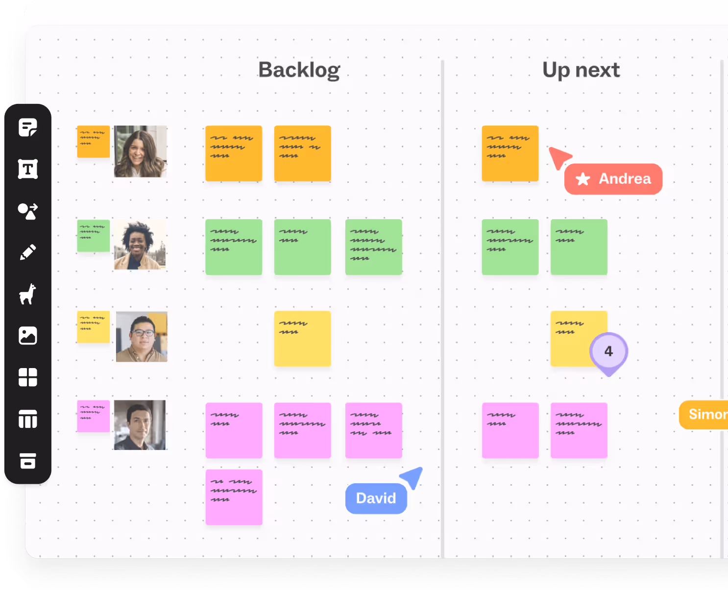 Agile planning board split into backlog and up next, showing project tasks, avatars, and real-time team collaboration.
