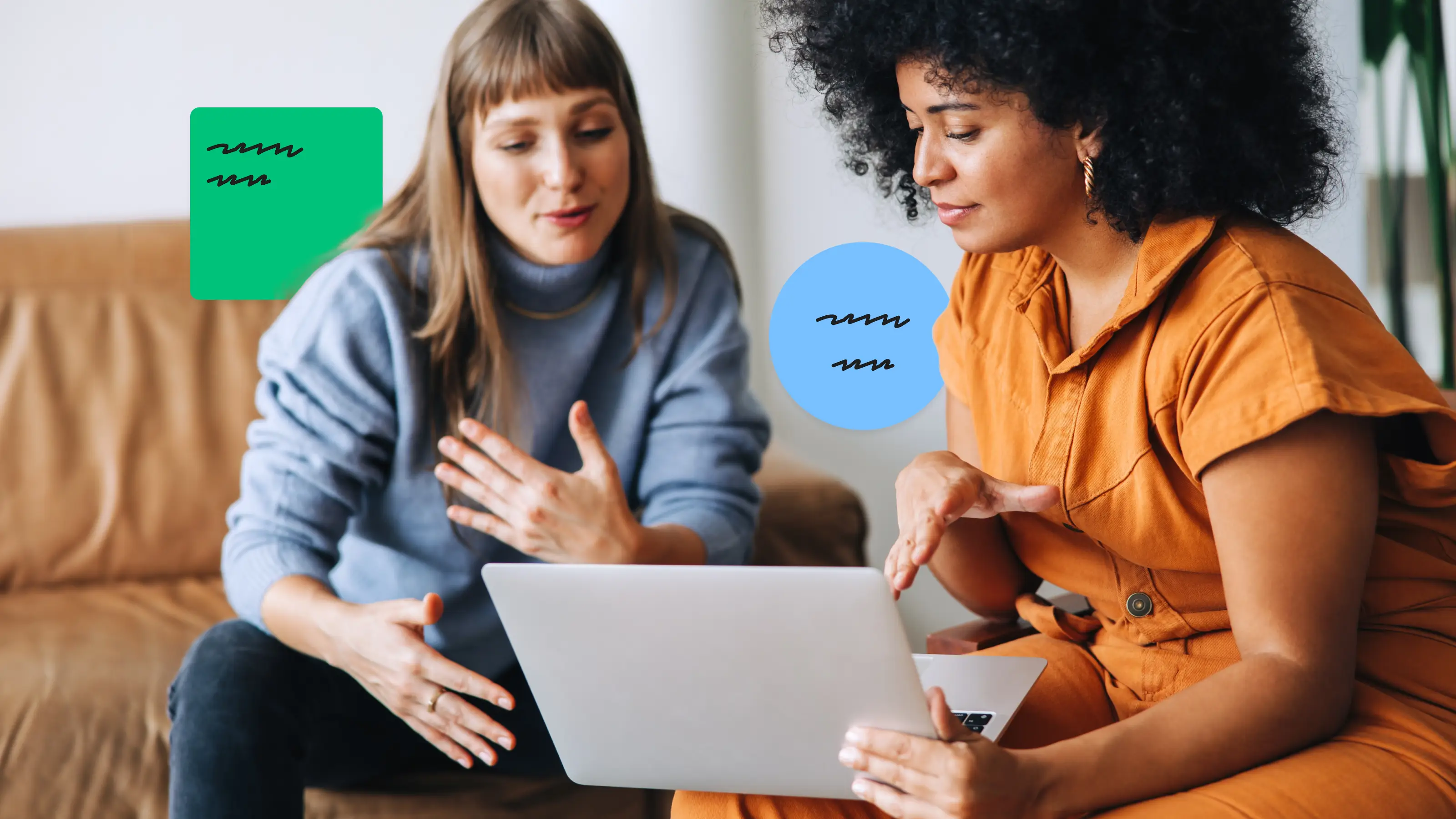 Two women discussing and pointing at a laptop screen while sitting on a sofa with speech bubbles.