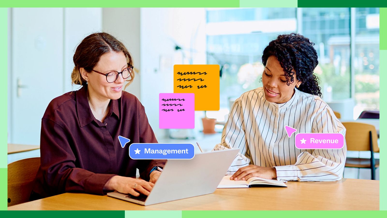 Two colleagues collaborate on a laptop with visual notes representing management and revenue