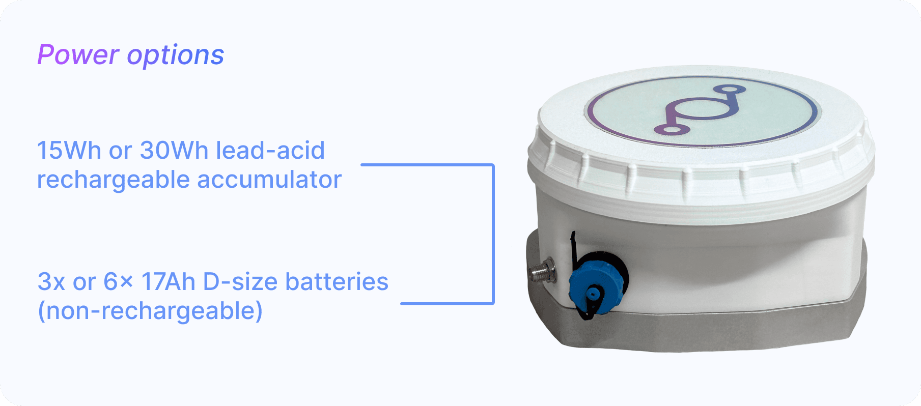 Power options:
- 15Wh or 30Wh lead-acid rechargeable accumulator;
- 3x or 6x 17Ah D-size batteries (non-rechargeable).