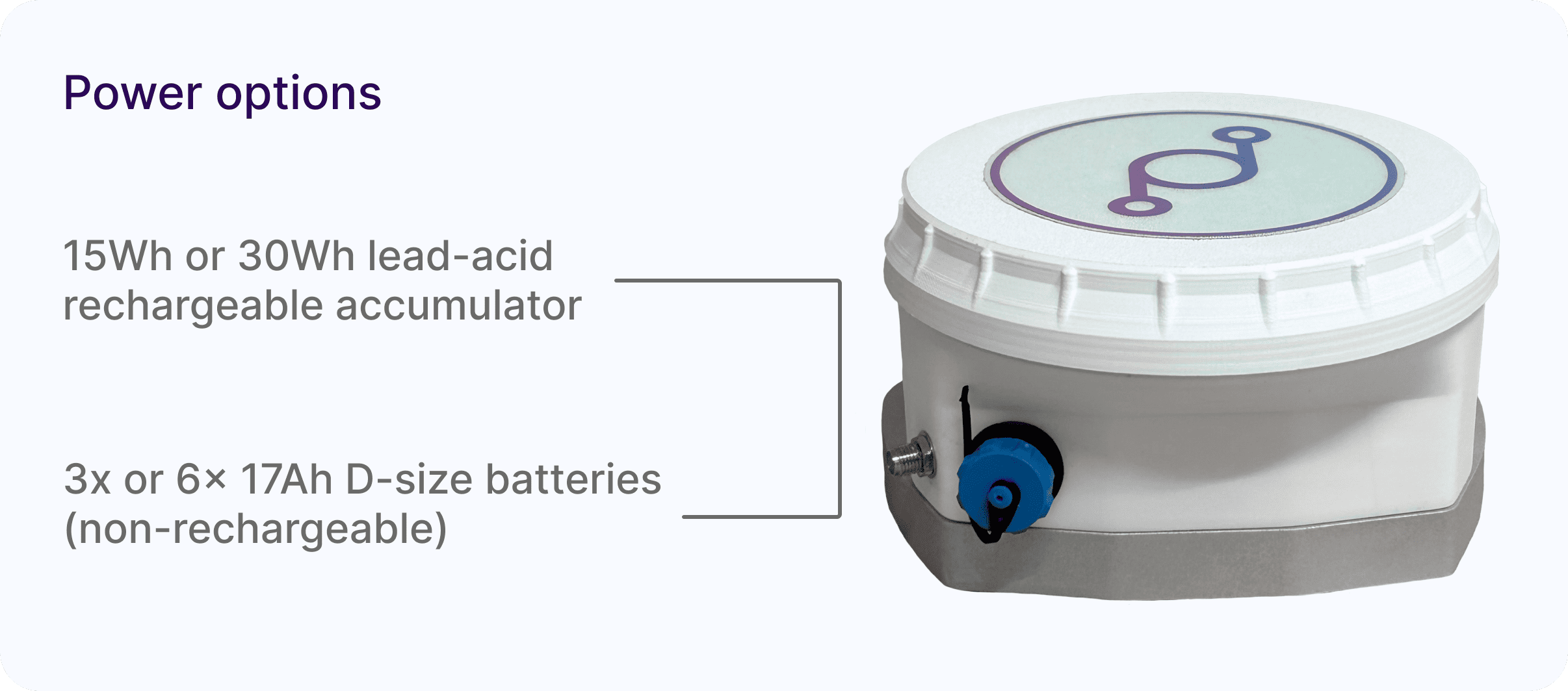 Power options:
- 15Wh or 30Wh lead-acid rechargeable accumulator;
- 3x or 6x 17Ah D-size batteries (non-rechargeable).