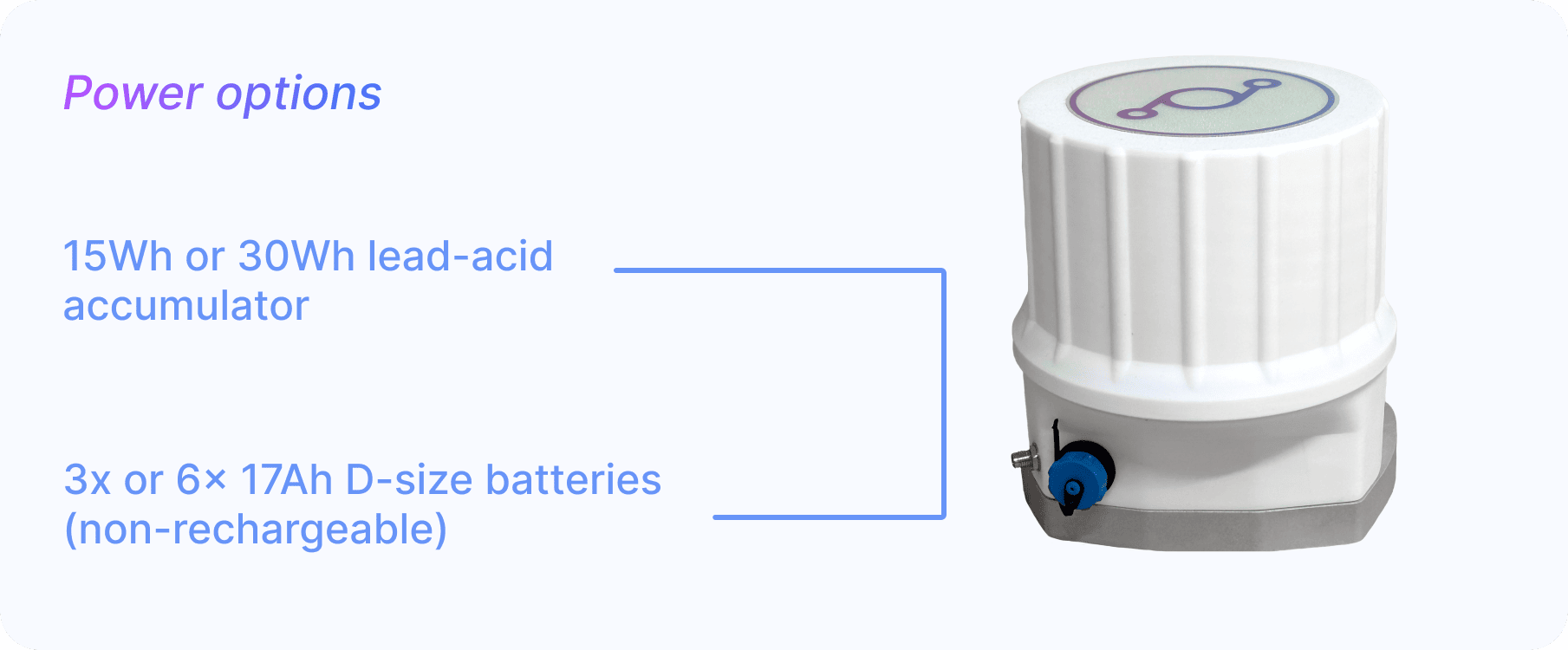 Power options:
- 15Wh or 30Wh lead-acid rechargeable accumulator;
- 3x or 6x 17Ah D-size batteries (non-rechargeable).