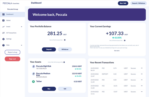 Peccala app screenshot dashboard