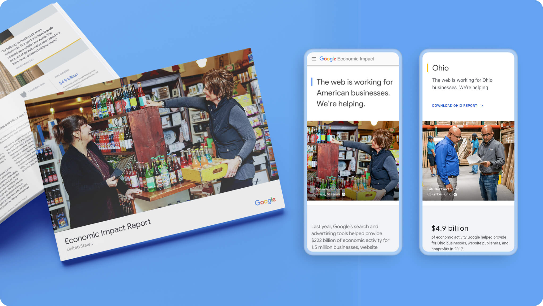 Mockup of two pages from the print report on the left side, two mobile screens from the same stories in digital report sit on the right.