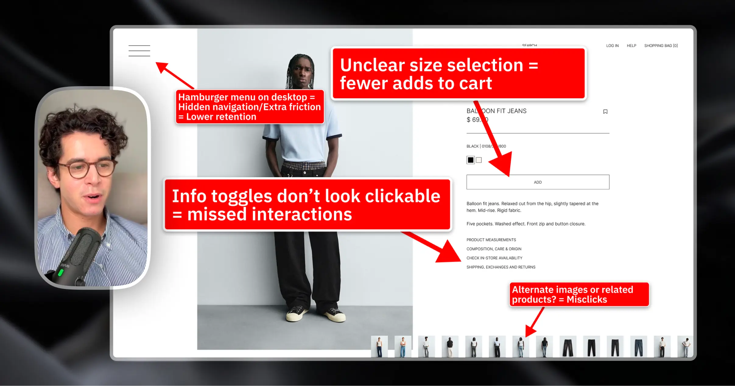 Example website teardown with annotated screenshots highlighting conversion and usability issues
