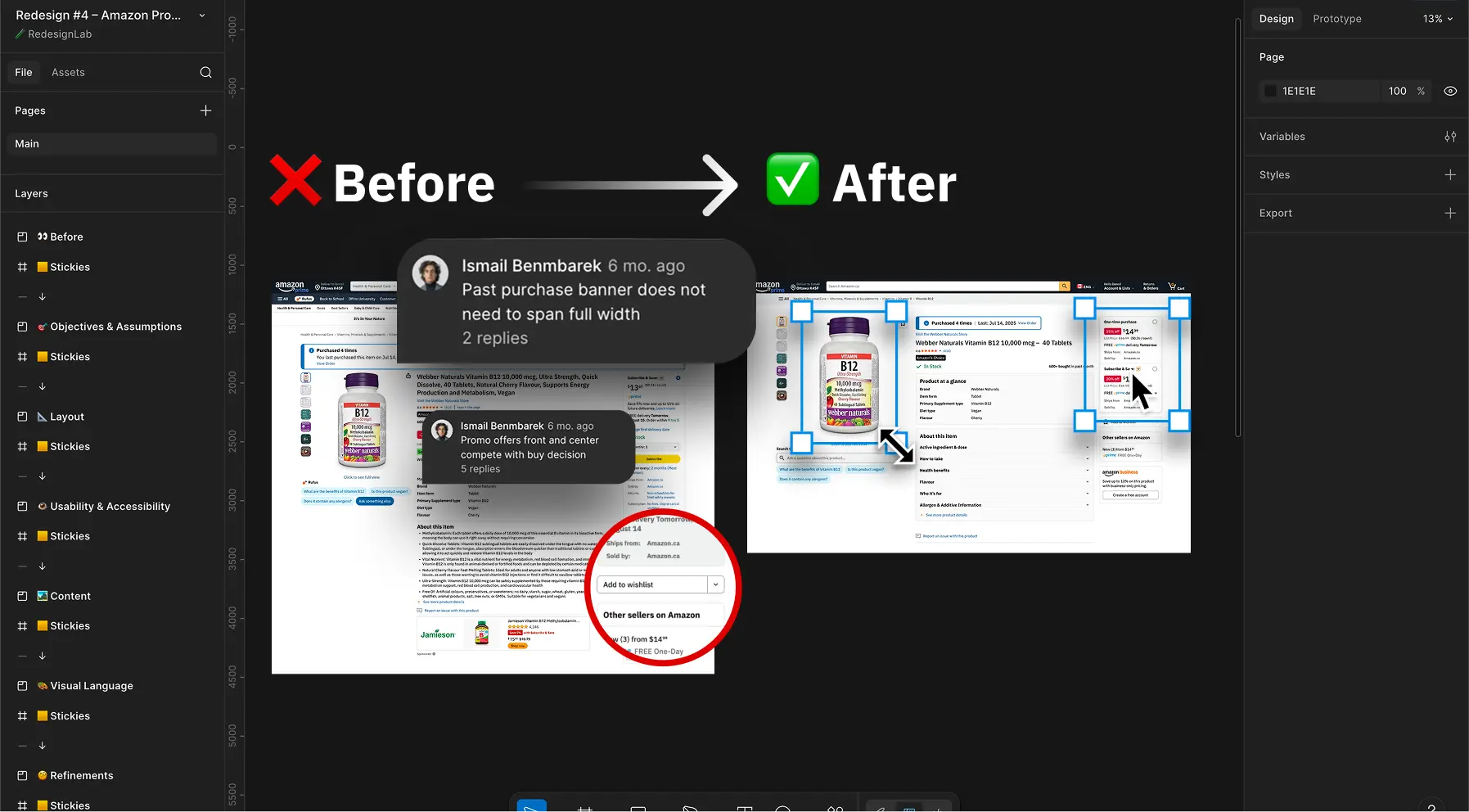 Figma redesign breakdown showing Amazon product page before and after with annotations
