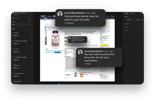 Figma redesign file with comments explaining design decisions and improvements