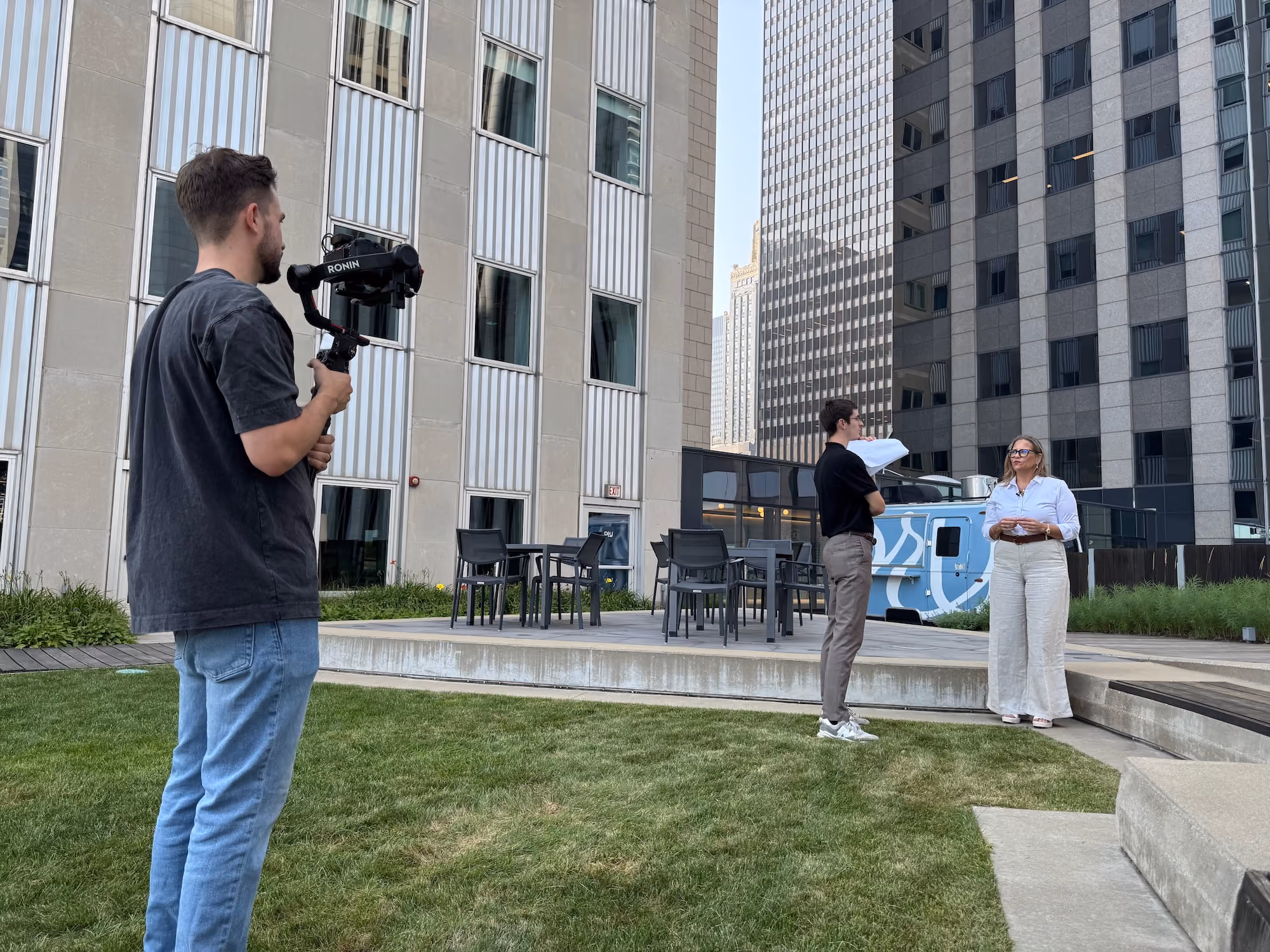 Precision Social behind the scenes of a social media video shoot at the Prudential Center in Chicago.
