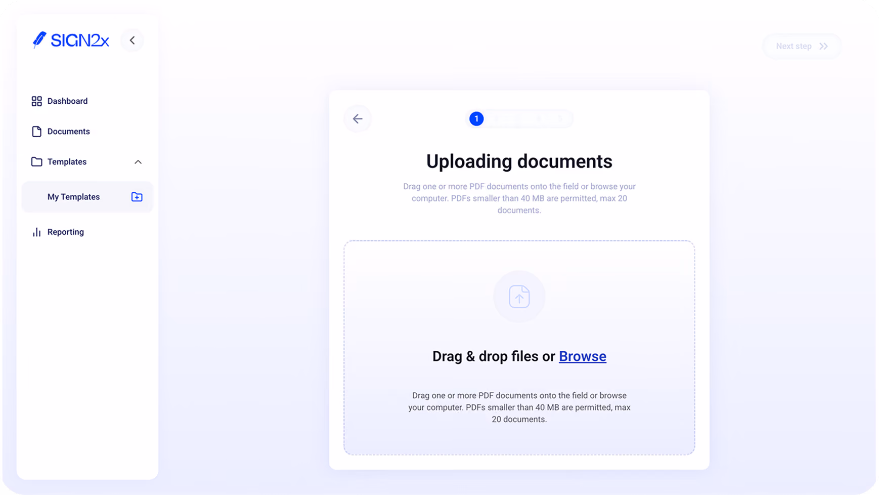 sign2x product - uploading document panel
