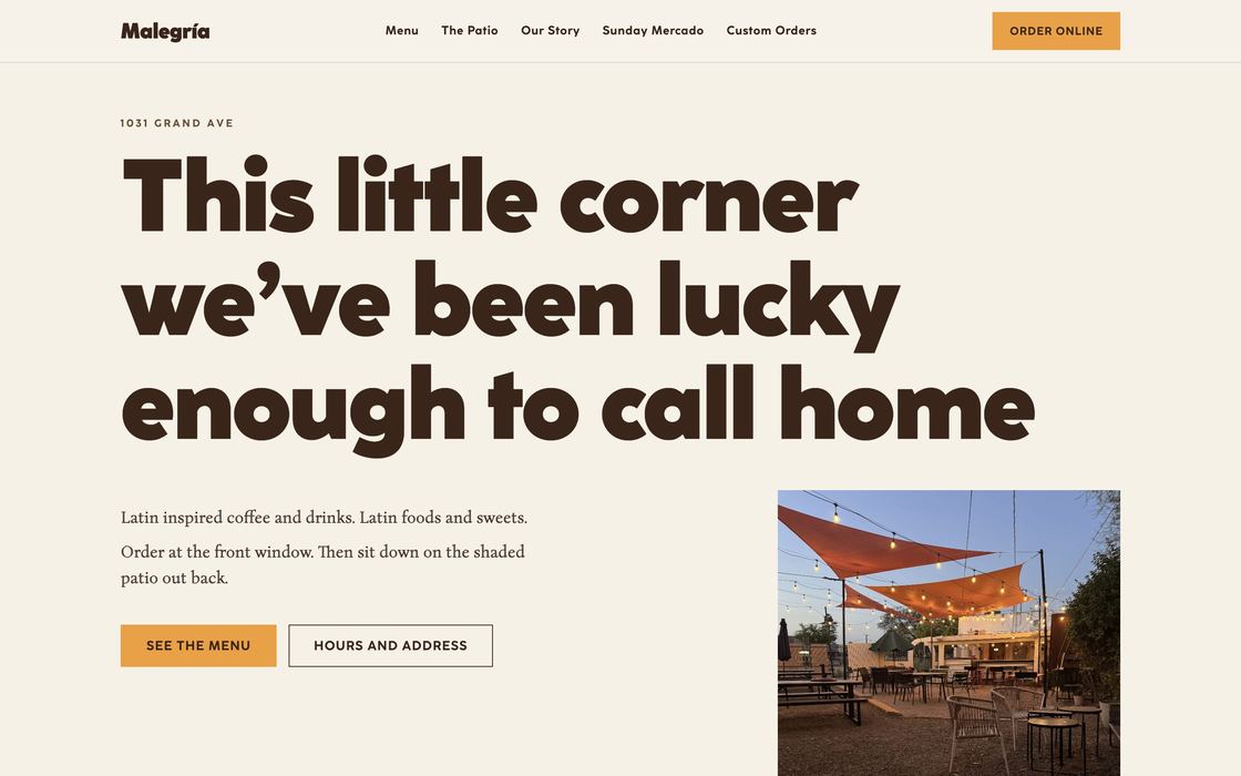 Malegría Latin Cafe website demo. Copy, design and Webflow build.
