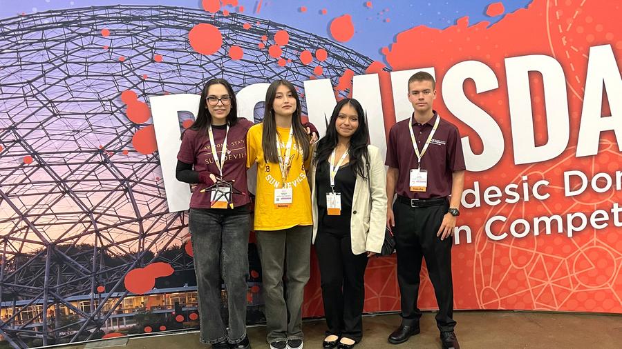 Left to right: ASU first-year students, Katelyn Flores, Handan Aksoy, Priscilla Munoz and Adam Fowler. The team won the Best-In-Destruction Award at the 2025 ASM International DomesDay competition in Detroit, Michigan. Photo courtesy of Hamed Arami