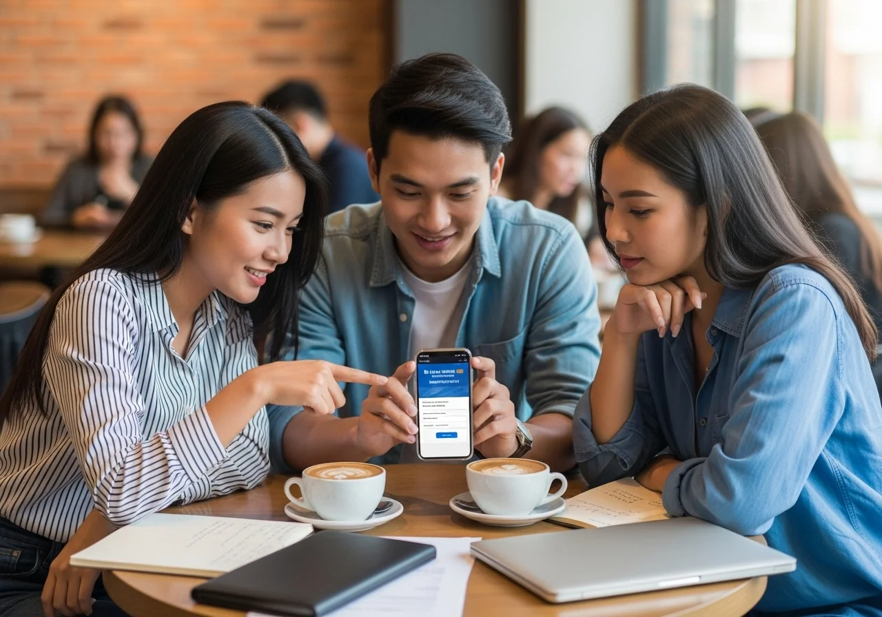 Ba người bạn trẻ cùng ngồi tại quán cà phê, hào hứng nhìn vào màn hình điện thoại khi cùng làm thẻ ngân hàng online