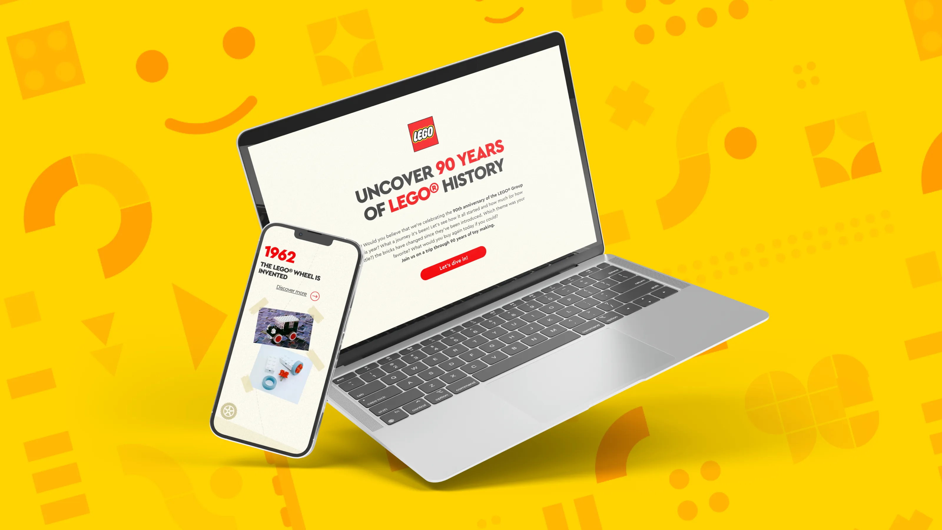 An interactive webpage displayed on a laptop and smartphone, inviting users to explore 90 years of LEGO history, featuring a bright yellow background with LEGO bricks and a timeline that users can scroll through.