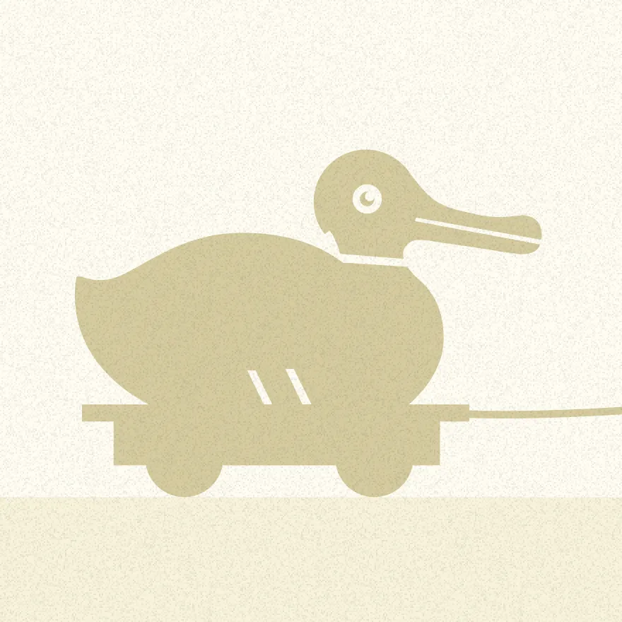 A graphic representation of a duck on wheels, akin to a child's pull toy, in a simple sepia-tone silhouette with visible beak and eye details, against a textured background.