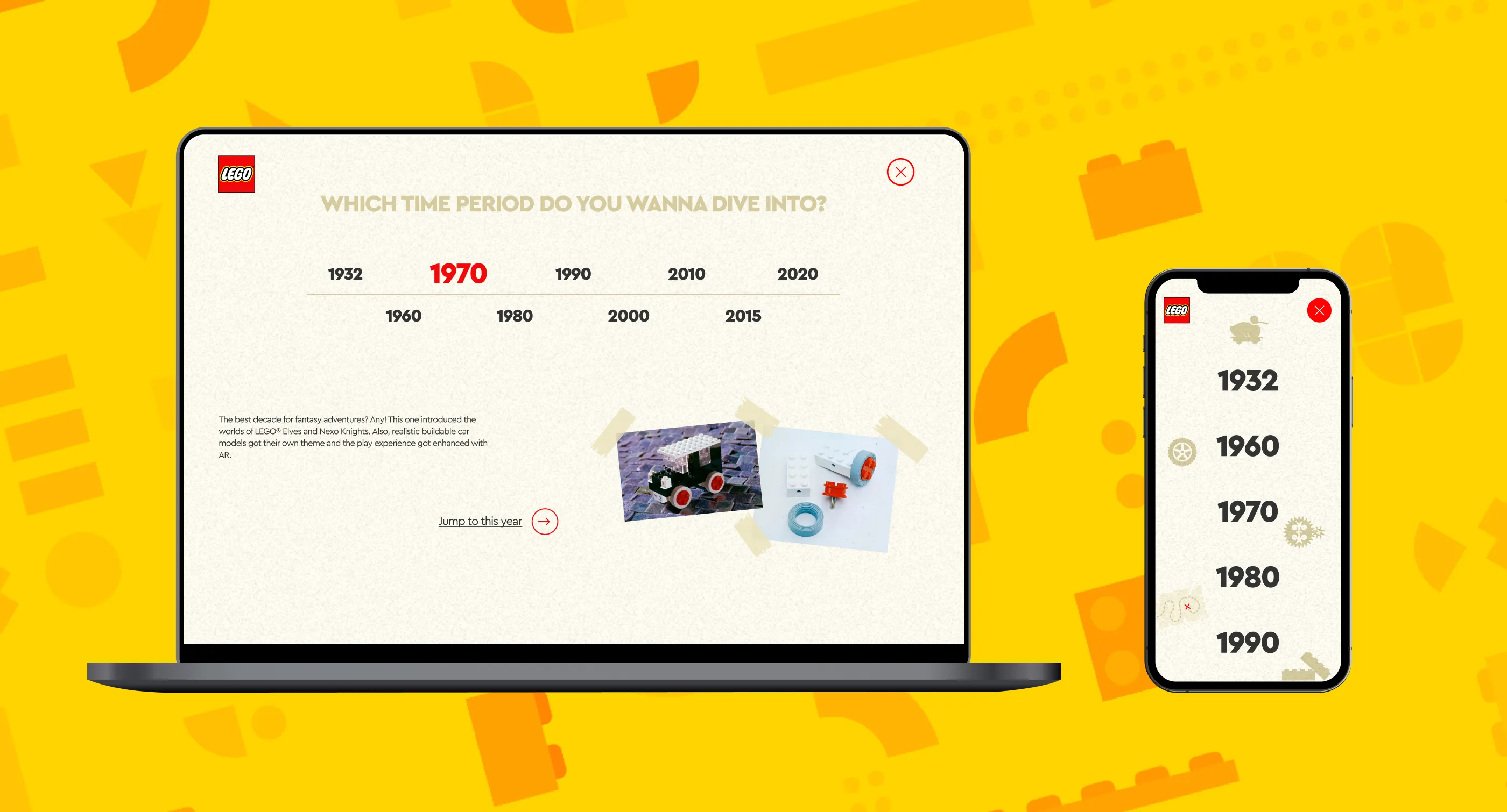 A laptop and smartphone display a timeline selection screen from LEGO, with the option to explore different eras from 1932 to 2020, highlighted with images and text describing key LEGO themes and innovations.