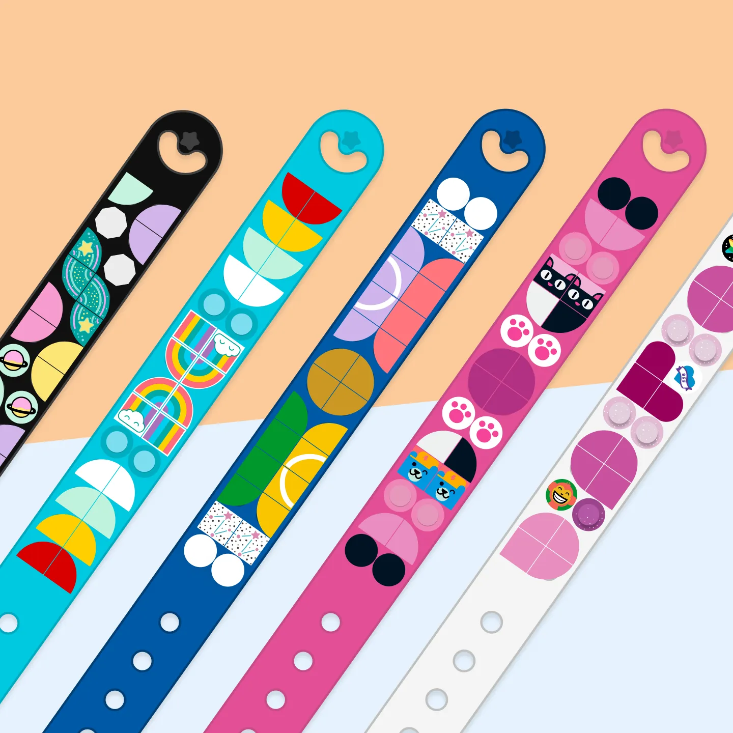 Six colorful LEGO DOTS wristbands displayed at a slight angle, each with a unique pattern and color scheme, including black with colorful shapes, blue with geometric patterns, and pink with animal prints.