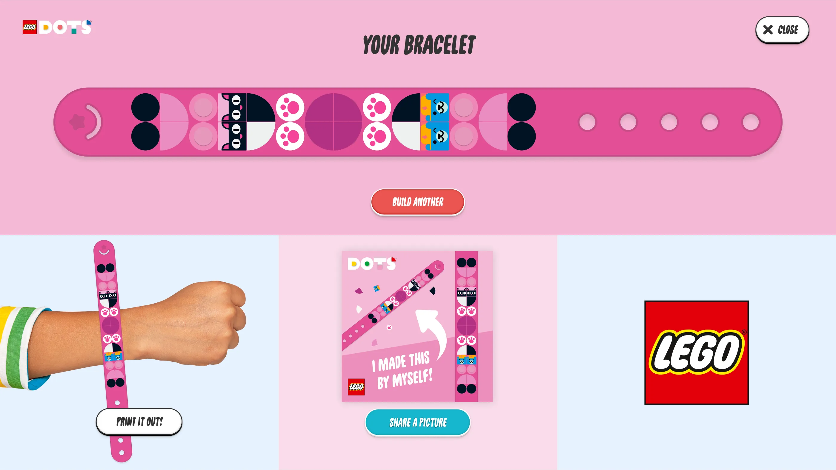 A design interface for a pink LEGO DOTS wristband featuring various patterns including cat faces and paw prints, with options to print or save the design.