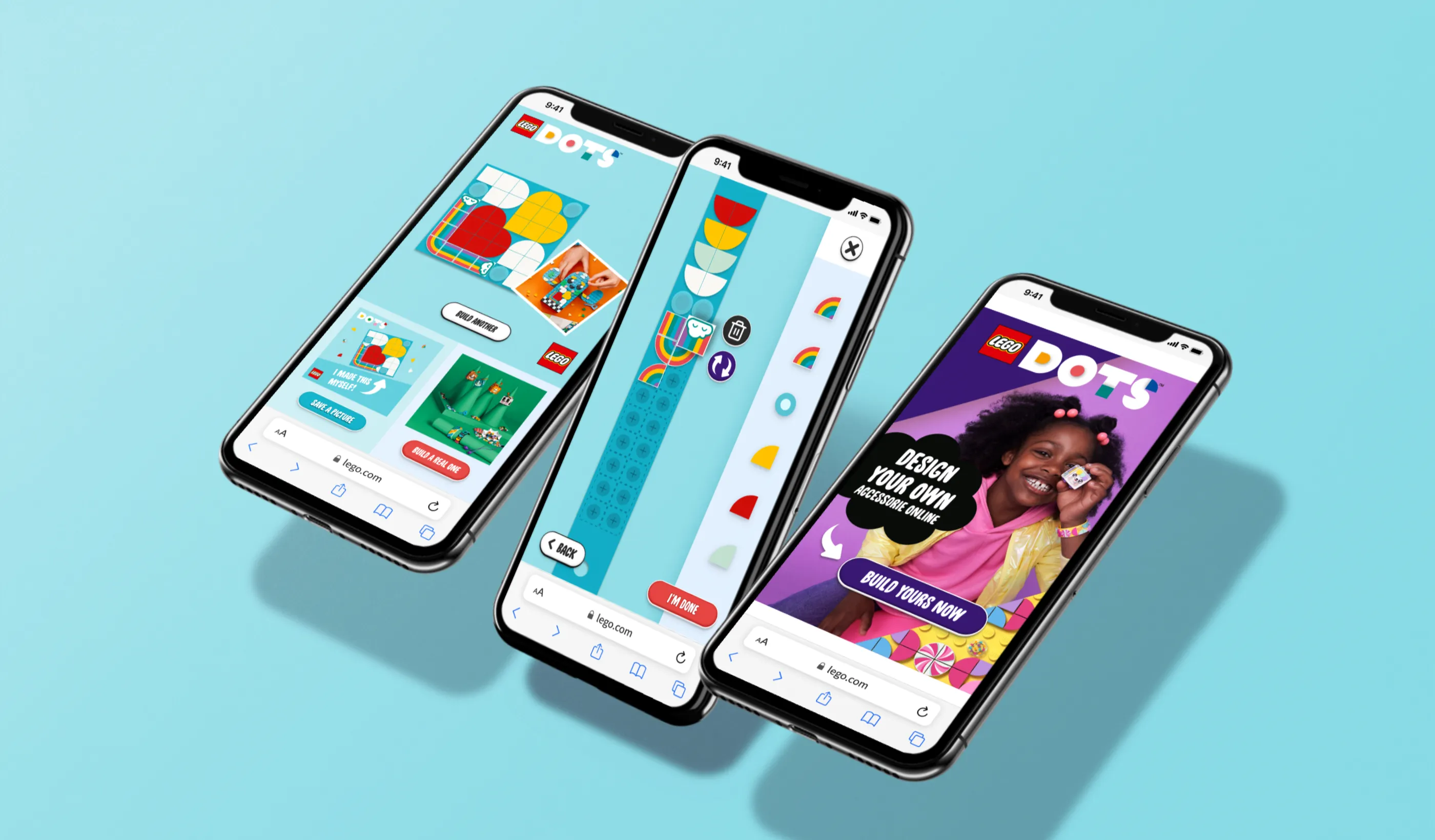 Three smartphones displaying the LEGO DOTS app interface with different design features, showing wristband customization options and a design gallery.