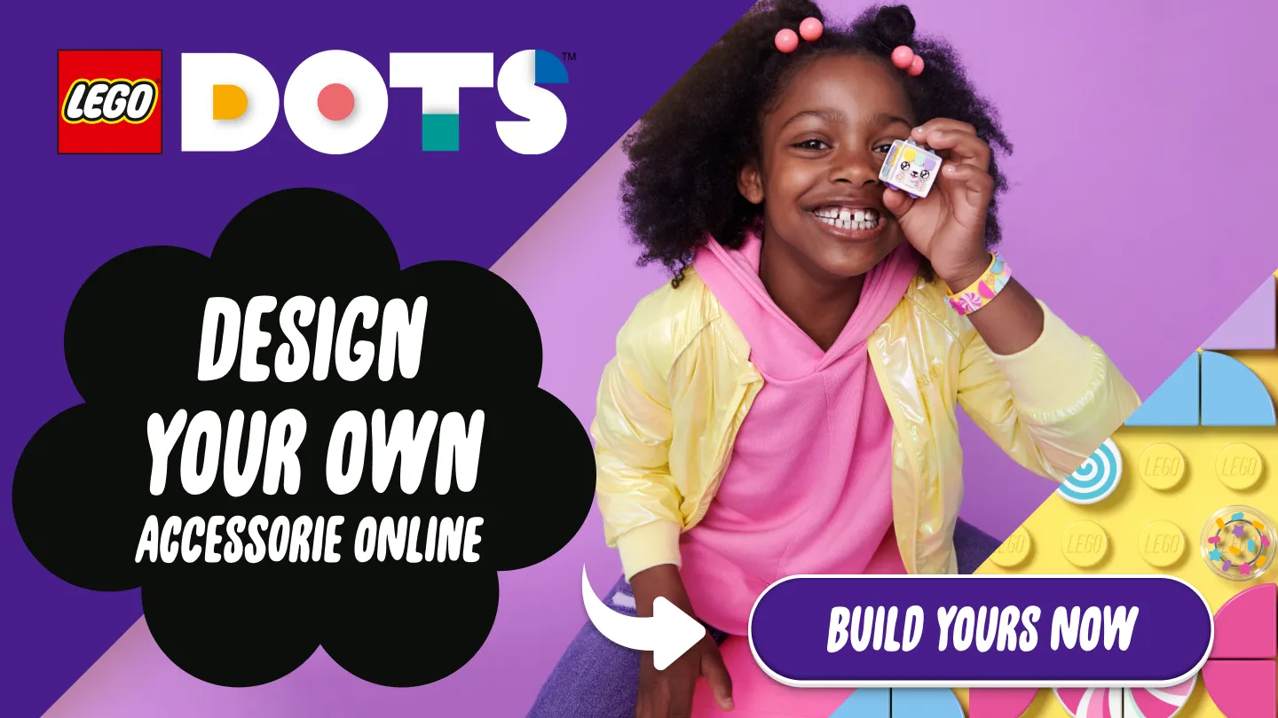 A promotional image for LEGO DOTS showing a young girl with black hair, wearing pink and yellow clothes, holding a LEGO DOTS tile, with a call to action to design your own accessory online.