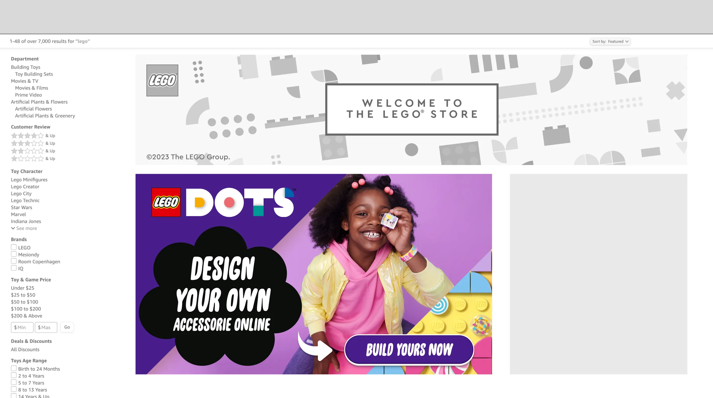 A promotional banner for the LEGO® Store featuring LEGO DOTS. It shows a smiling young girl with black hair, holding a LEGO DOTS tile to her eye like a camera. She wears pink and yellow clothes, with a vibrant purple and yellow background. Text on the banner reads "DESIGN YOUR OWN Accessorie ONLINE" with a bold call-to-action button saying "BUILD YOURS NOW". The LEGO logo is prominently displayed, and the background has a playful LEGO brick pattern.