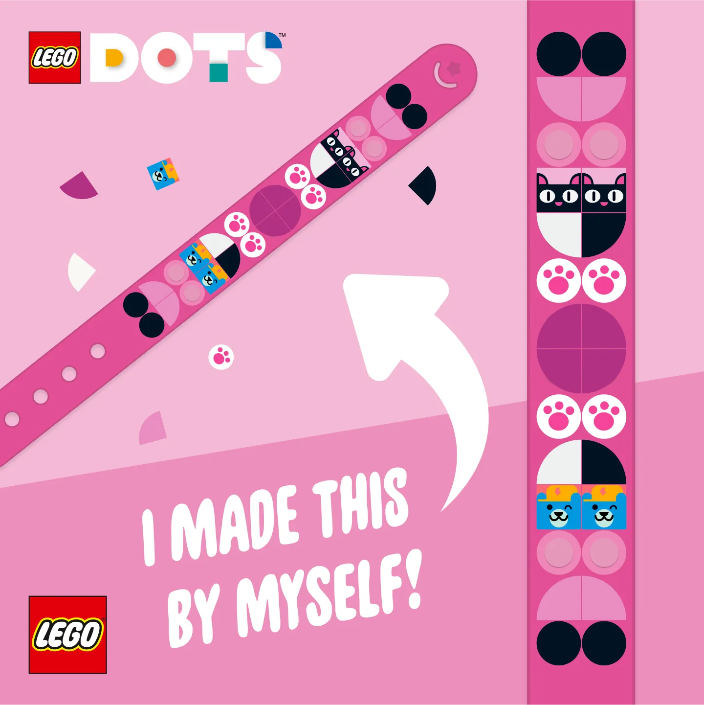A close-up of a pink LEGO DOTS wristband with decorative tiles, with a caption celebrating personal creation.
