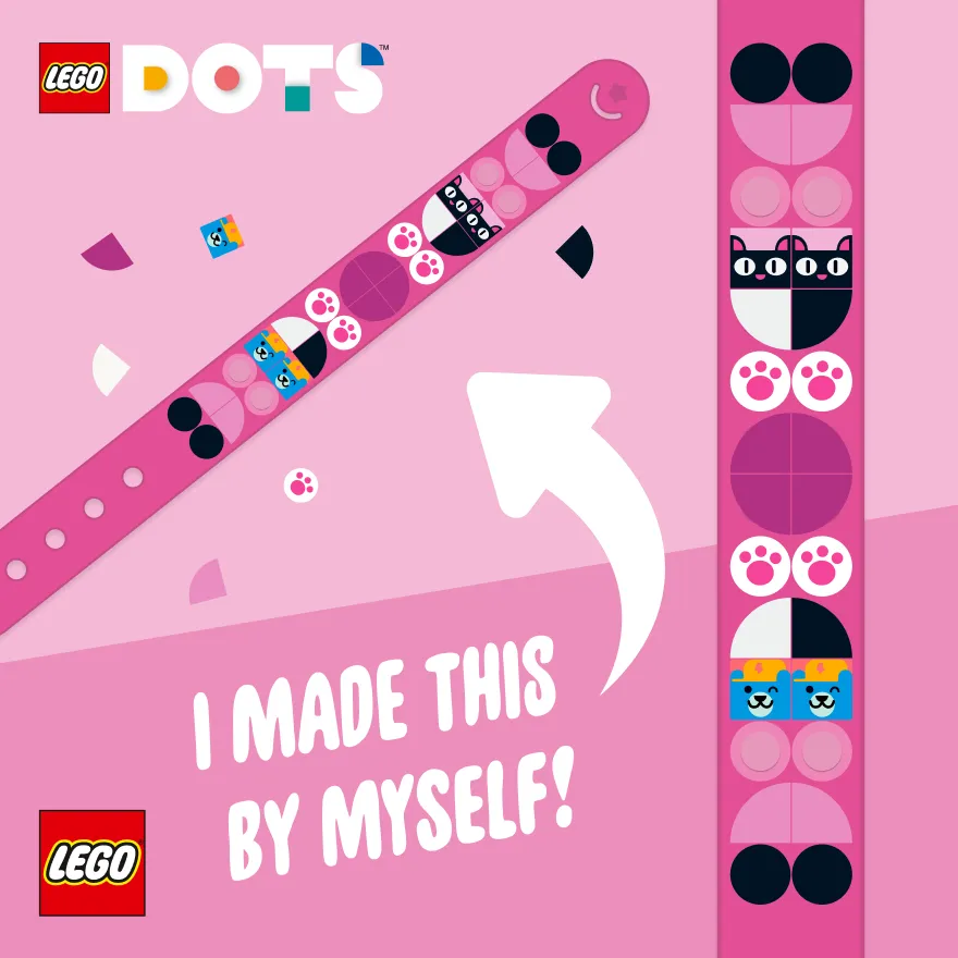 A close-up of a pink LEGO DOTS wristband with decorative tiles, with a caption celebrating personal creation.