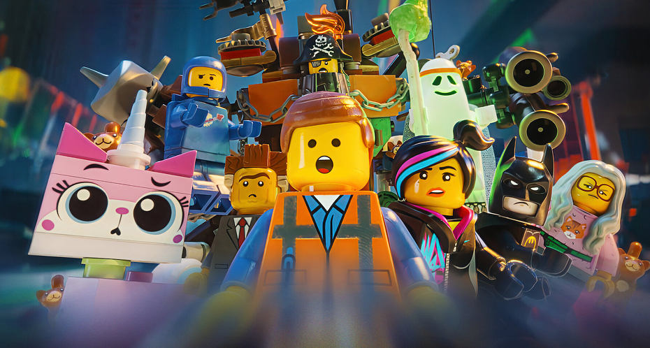 Group of diverse LEGO characters including a construction worker, a cat, a pirate, a ghost, and Batman standing together.