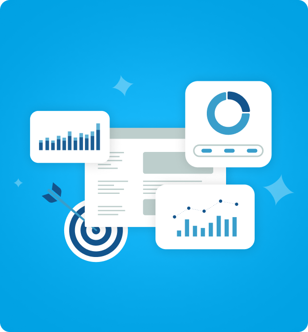 Dashboard interface with bar graphs, a pie chart, a line chart, and a dart hitting the center of a target on a blue background.
