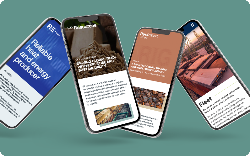 Four smartphones displaying webpages for energy and commodity trading companies against a green background.