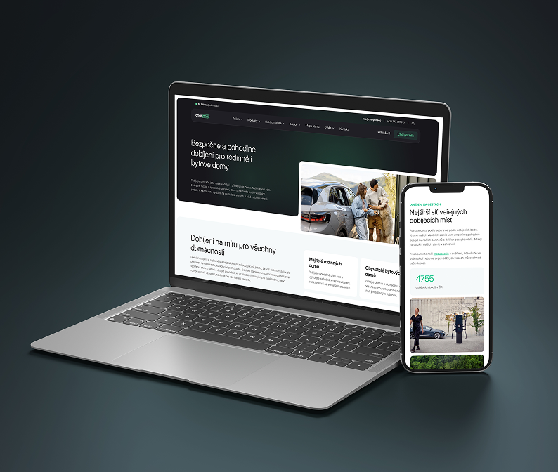 Laptop and smartphone displaying a website about secure and convenient electric vehicle charging solutions.
