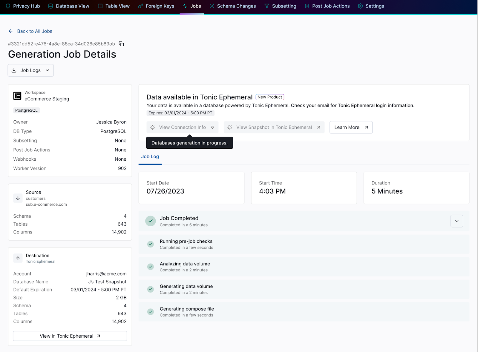 A screenshot of the Structural UI, showing the data generation job details.