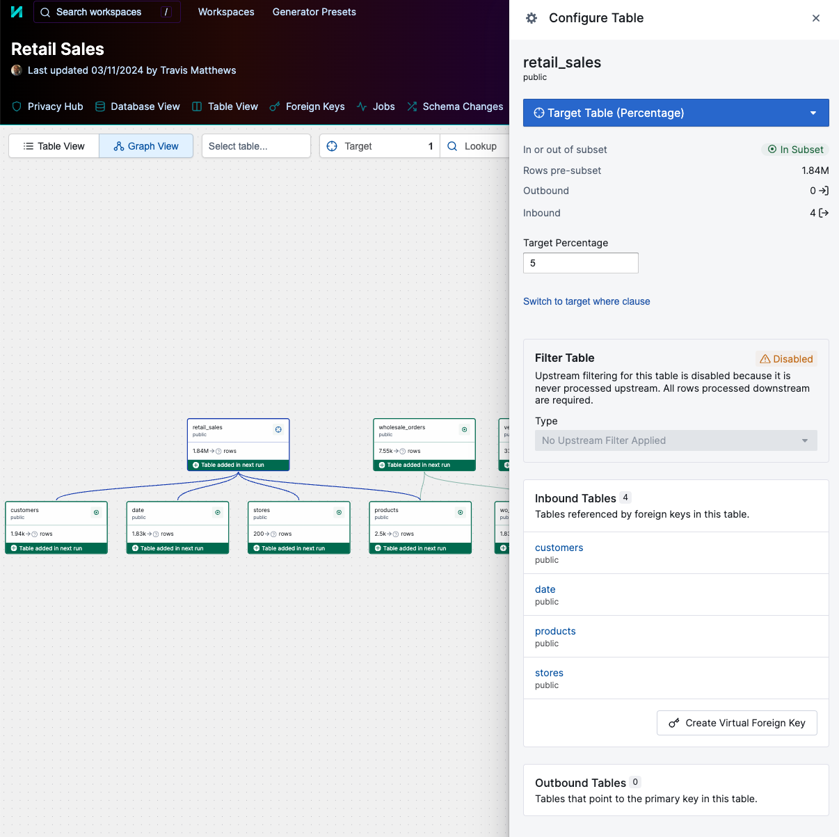 A screenshot of the Structural UI, showing how to configure subsetting on the target table.