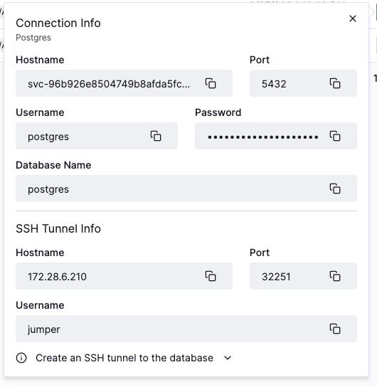 A screenshot of the database connection details in the Ephemeral UI.