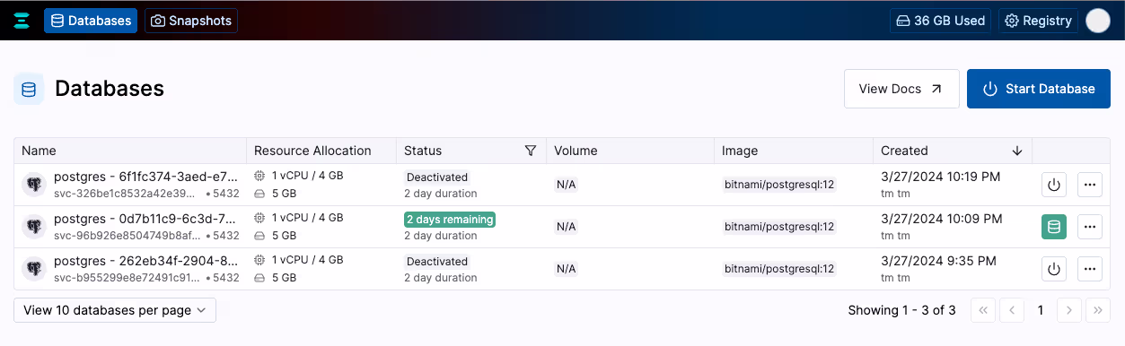 A screenshot of the Ephemeral UI, showing the available Databases.