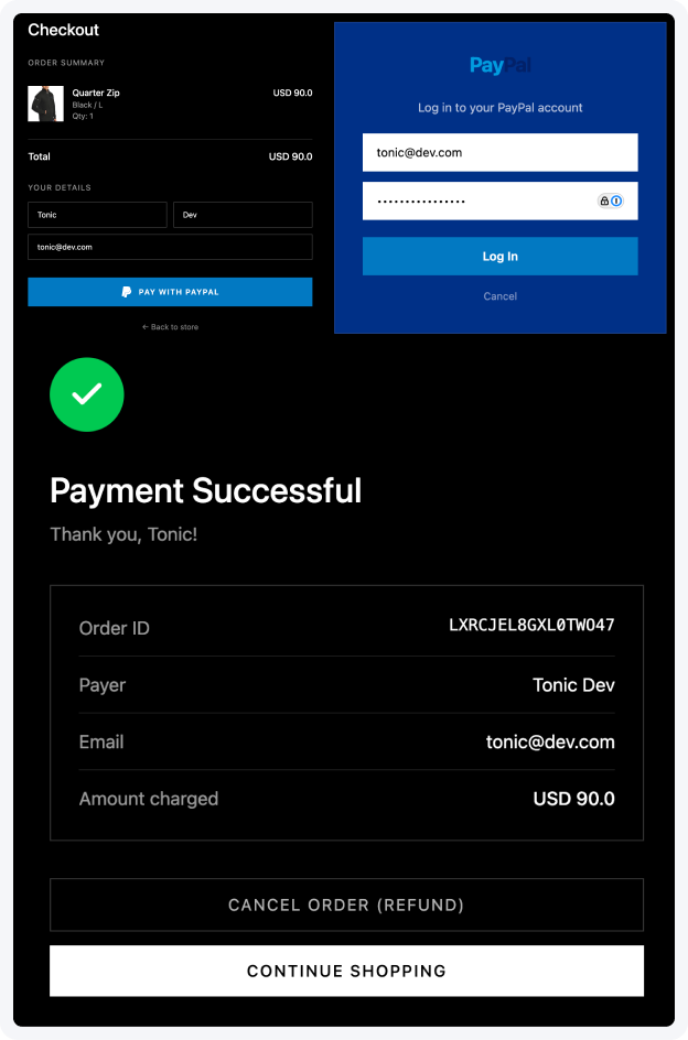 Checking out with the fake PayPal sandbox