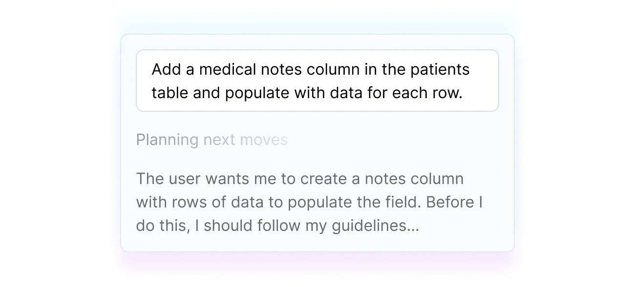 Tonic AI's Fabricate Data Agent interface showing a request to add medical notes