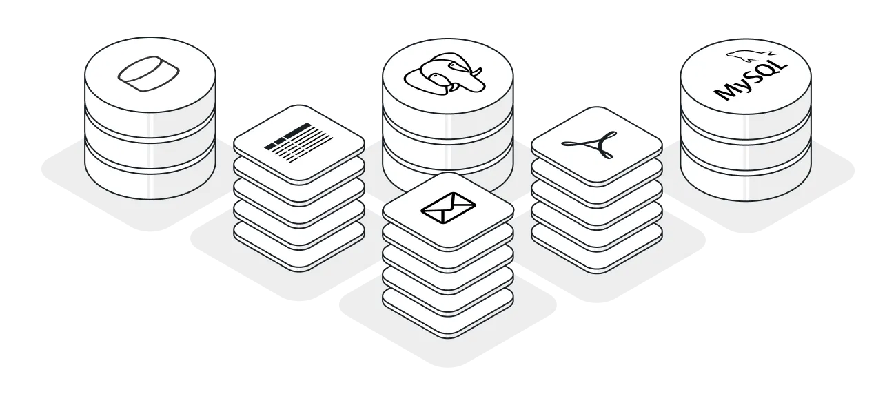 Illustration of multiple database systems and file formats connected through Tonic AI
