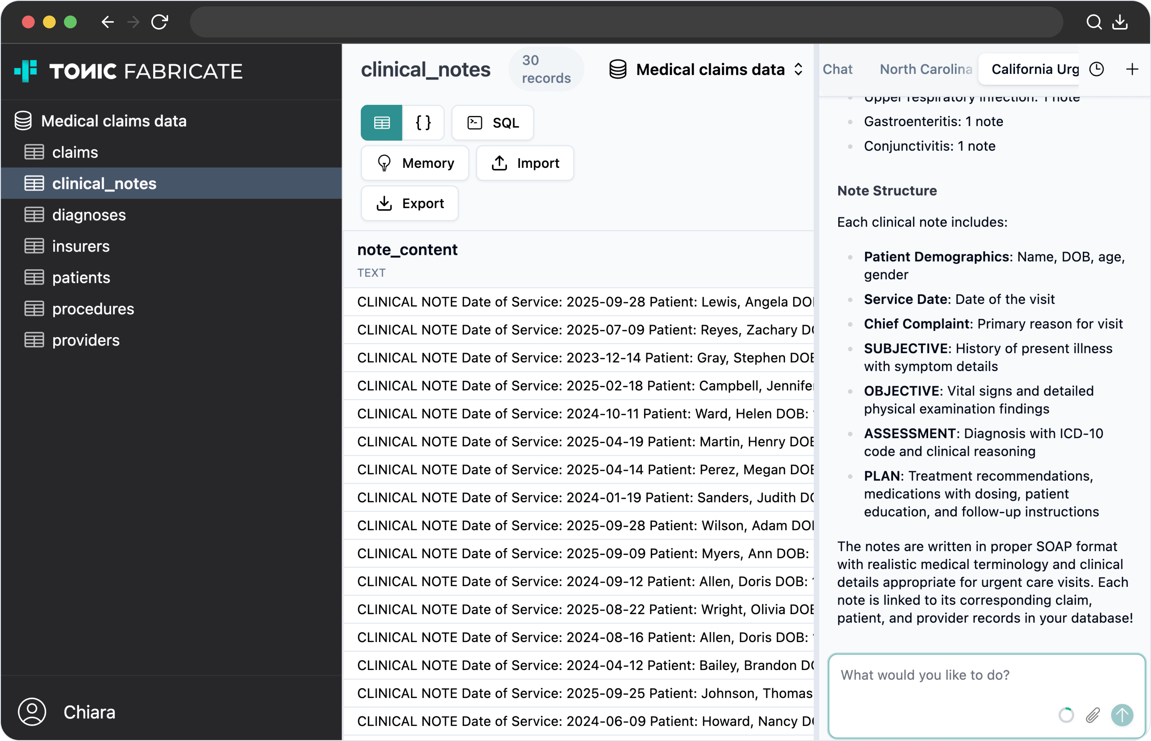 A screenshot of the Tonic Fabricate UI showing unstructured data generated by the Fabricate Data Agent.