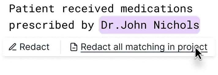 Tonic Interface highlighting a doctor’s name in medical text with options to redact