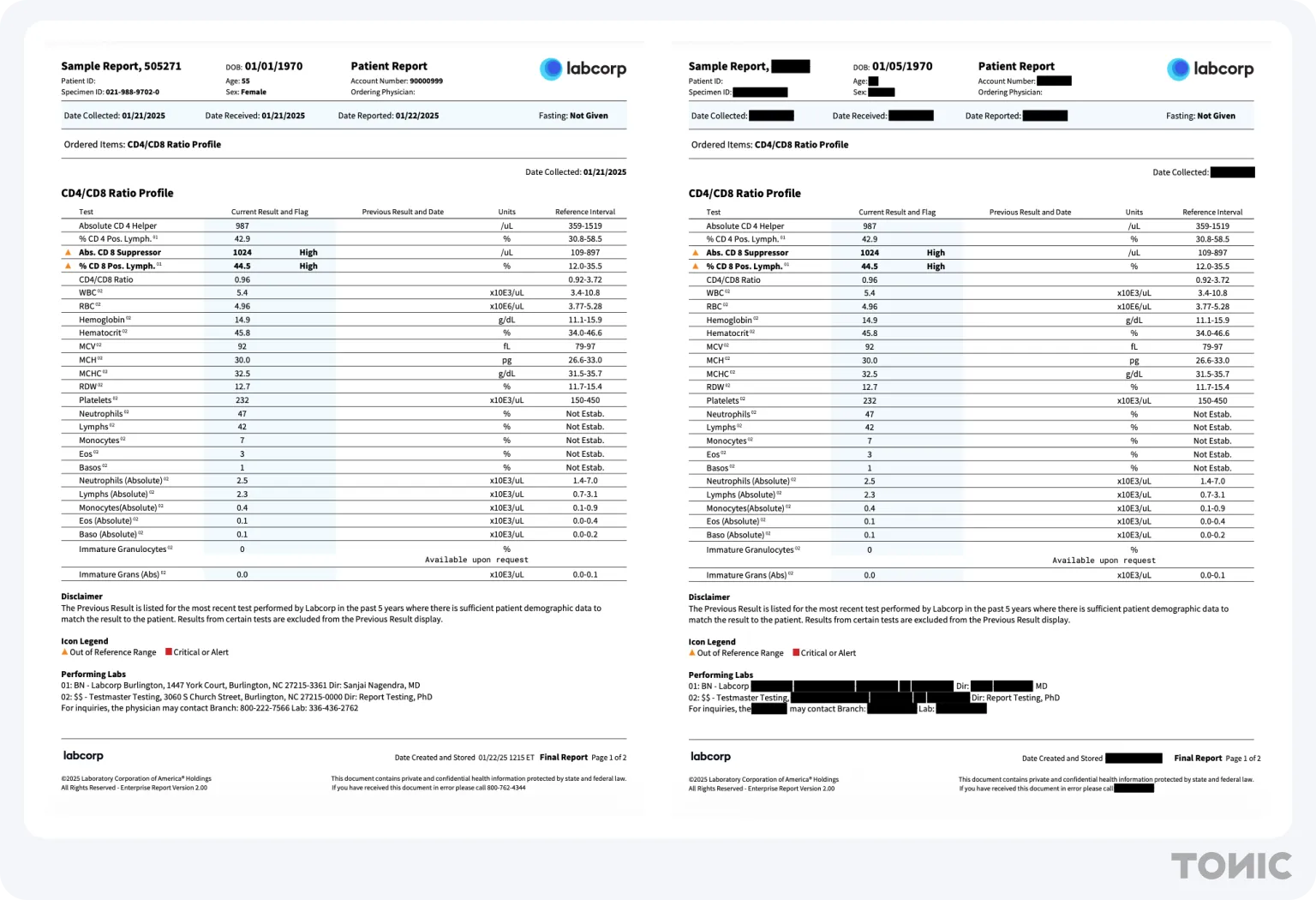 Right: lap report PDF redacted by Tonic Textual.